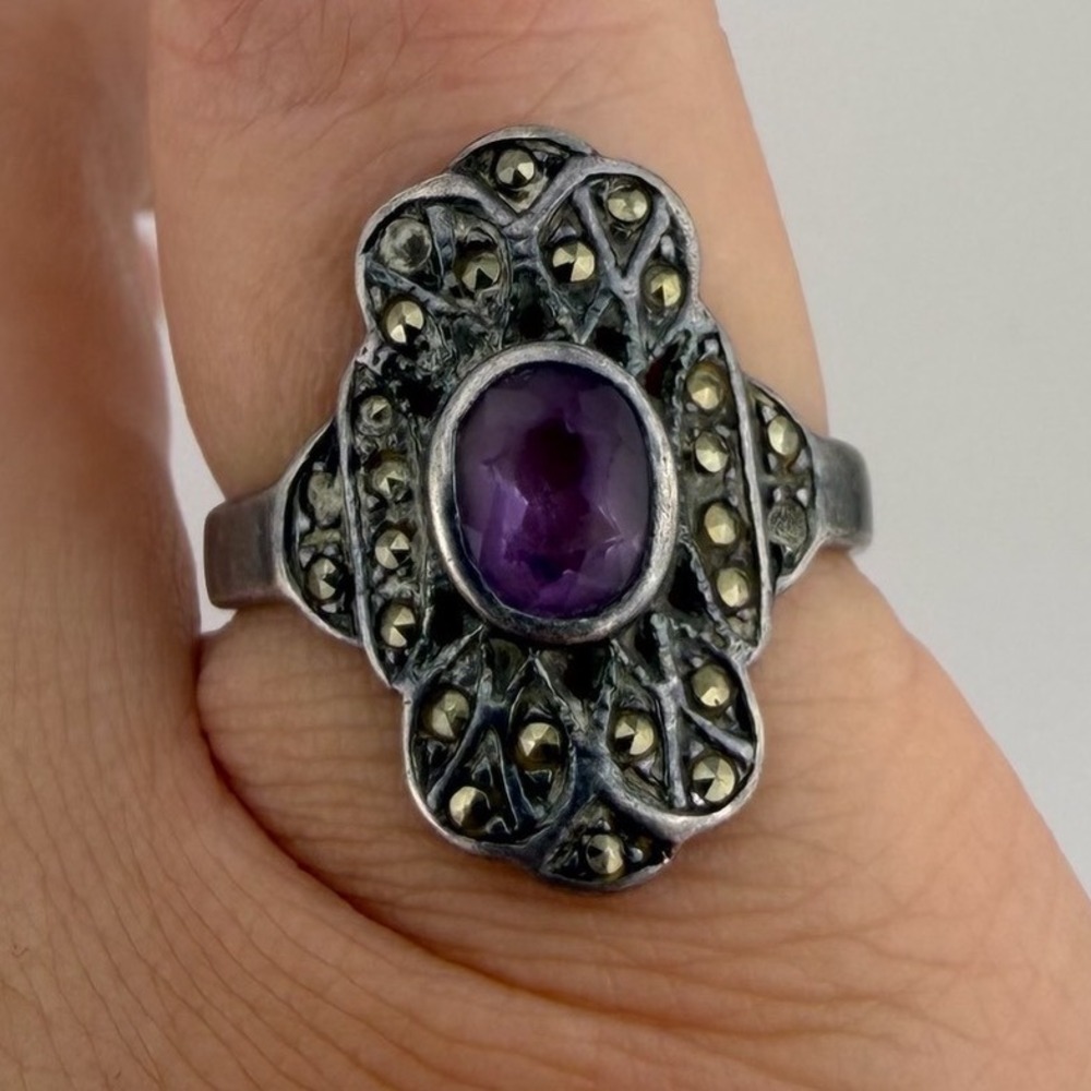 Vintage Sterling Silver Amethyst Marcasite Ring Size 6 Art Deco Filigree 925